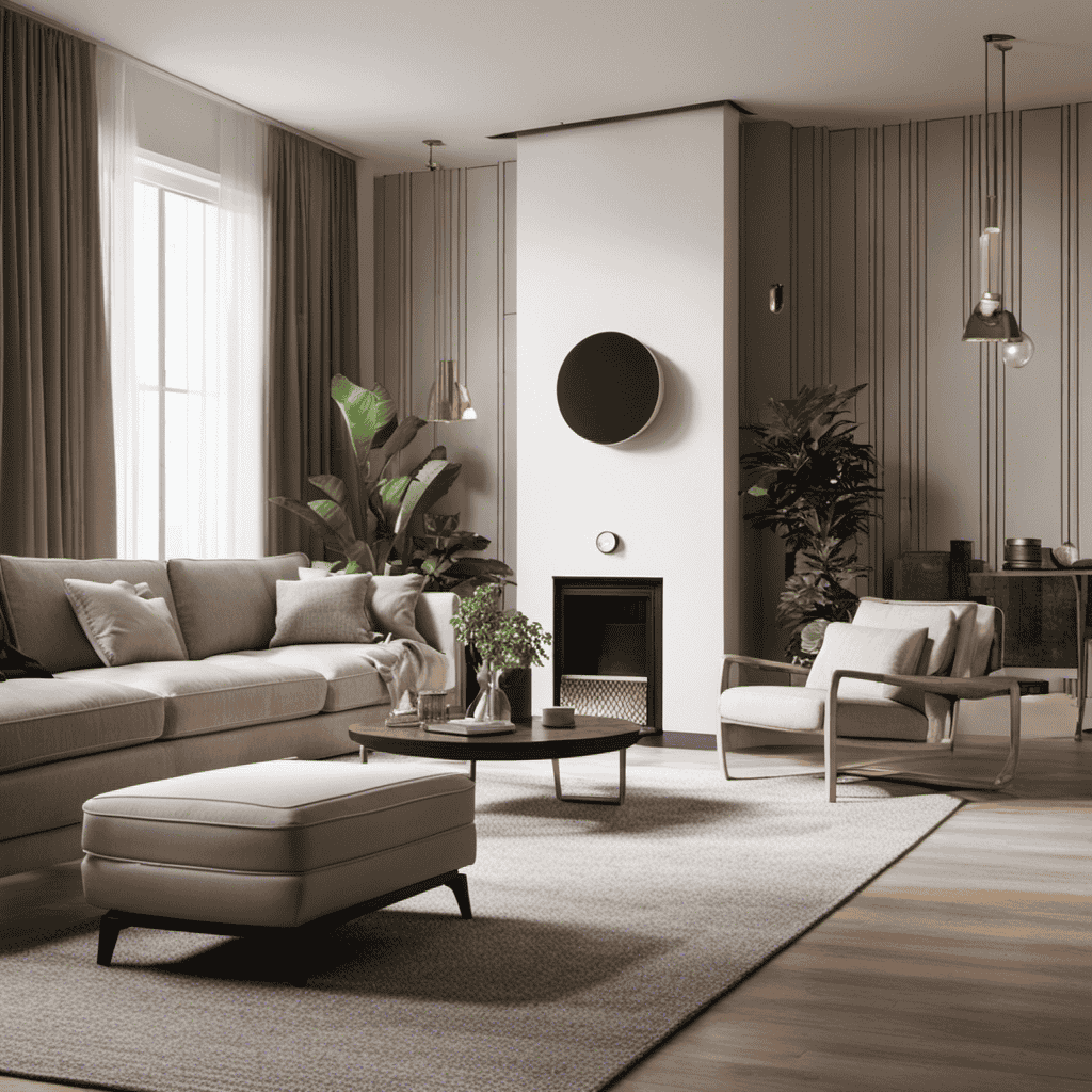 An image depicting a clean, modern living room with an air purifier