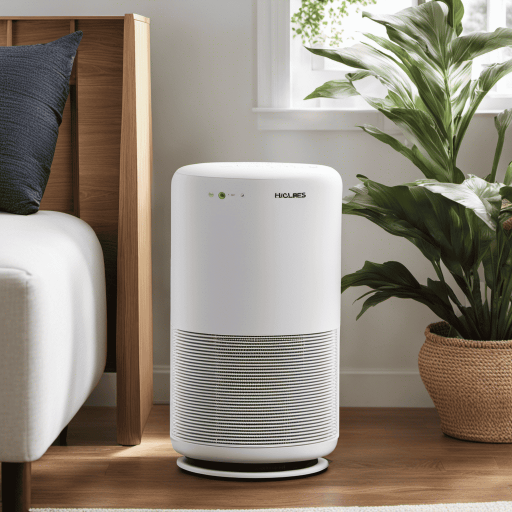 An image showcasing a clean, white Holmes Air Purifier with an open compartment revealing a new, pristine filter