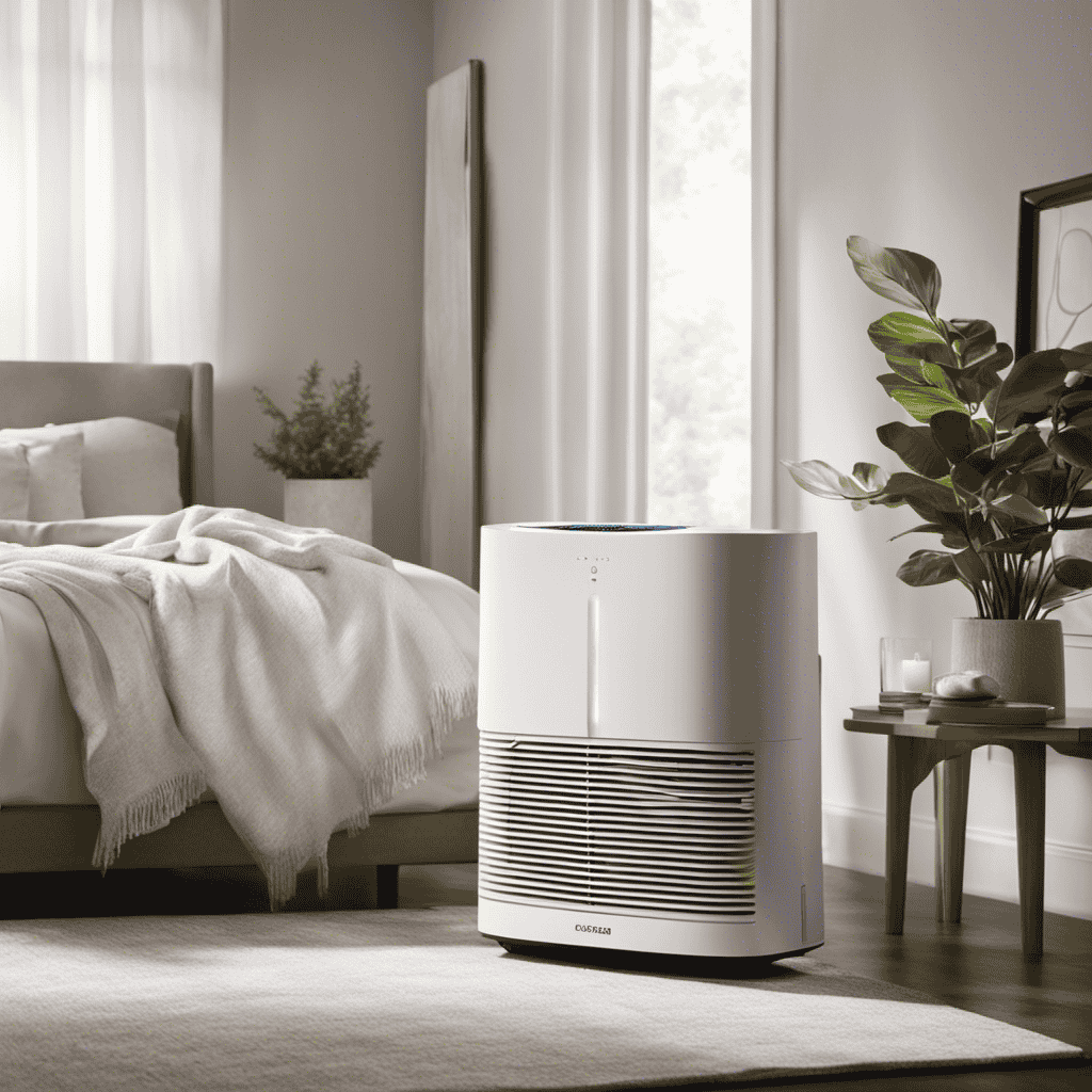 An image showcasing a clean, white air purifier placed in a serene bedroom setting
