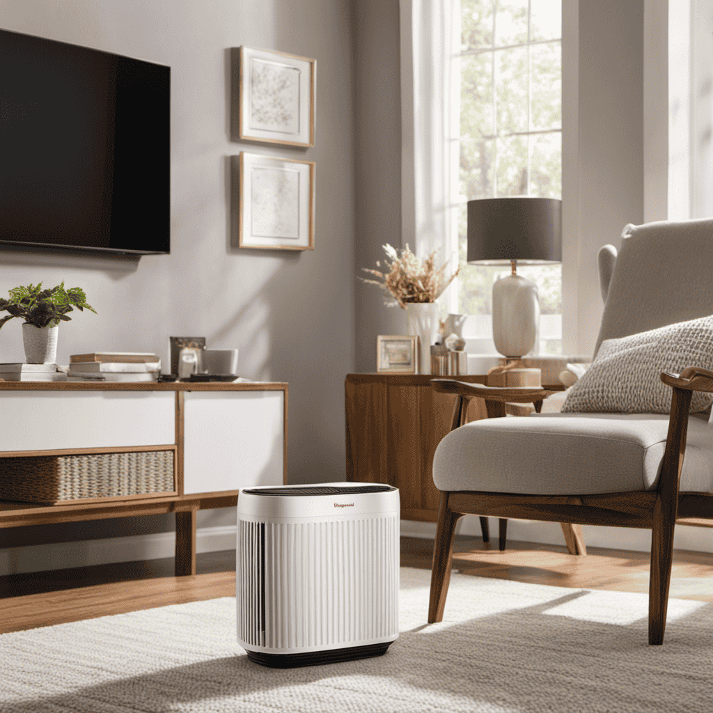 An image depicting a clean and fresh living space with a Honeywell air purifier in the background