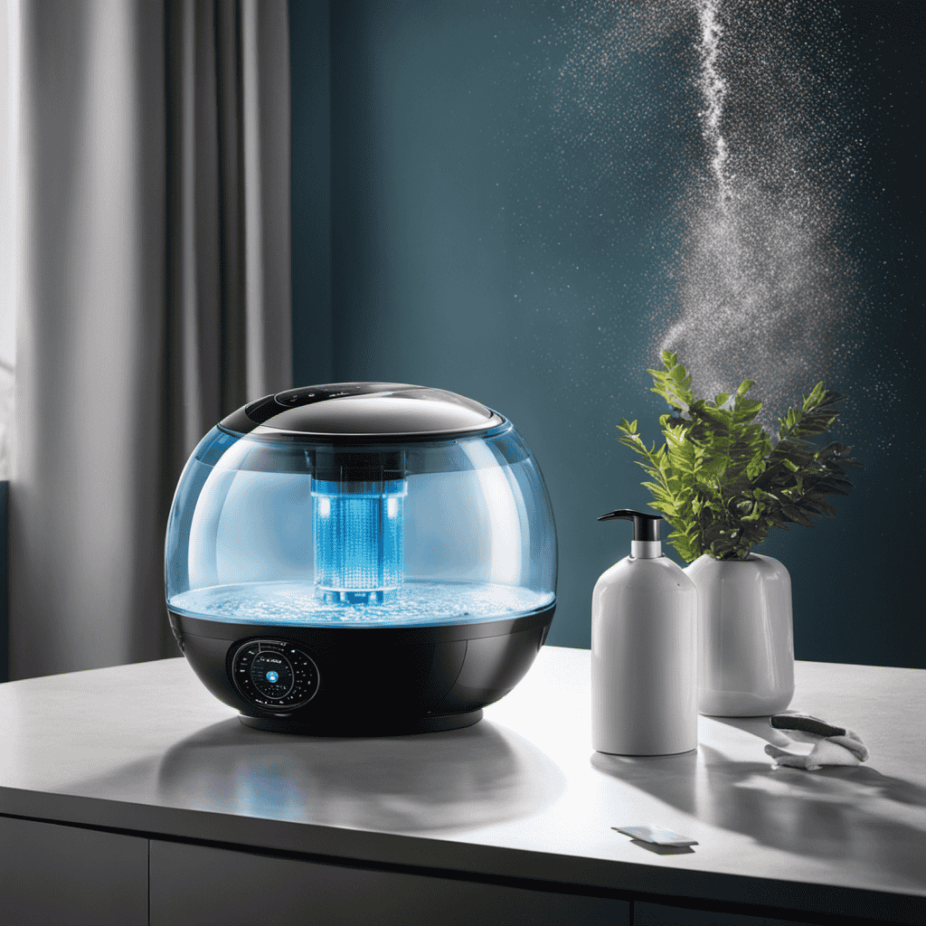 An image showcasing a water air purifier being meticulously cleaned, with a person wearing gloves gently wiping the interior, while droplets of water sparkle in the sunlight, revealing a pristine and refreshed device