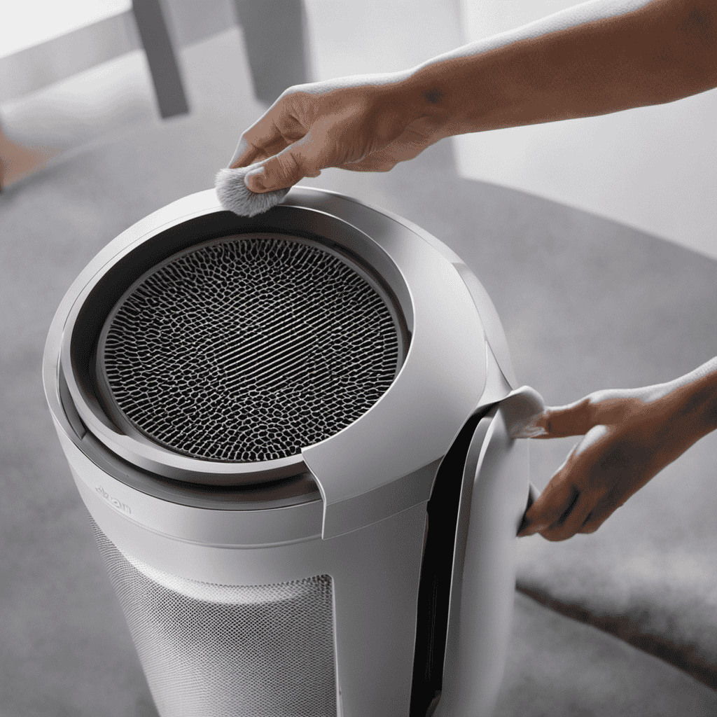 An image showcasing a hand removing a dusty, clogged Dyson air purifier filter with a soft brush, revealing a clean, pristine filter underneath