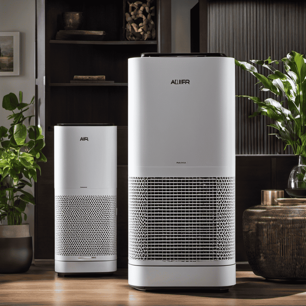 An image showcasing an air purifier with a clean, fresh filter on one side, while the other side displays a dirty, clogged filter