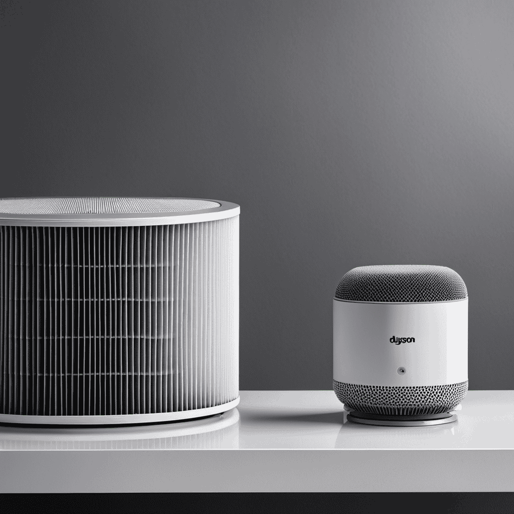 An image showcasing a close-up of a clean, white Dyson air purifier filter next to a heavily clogged, gray filter