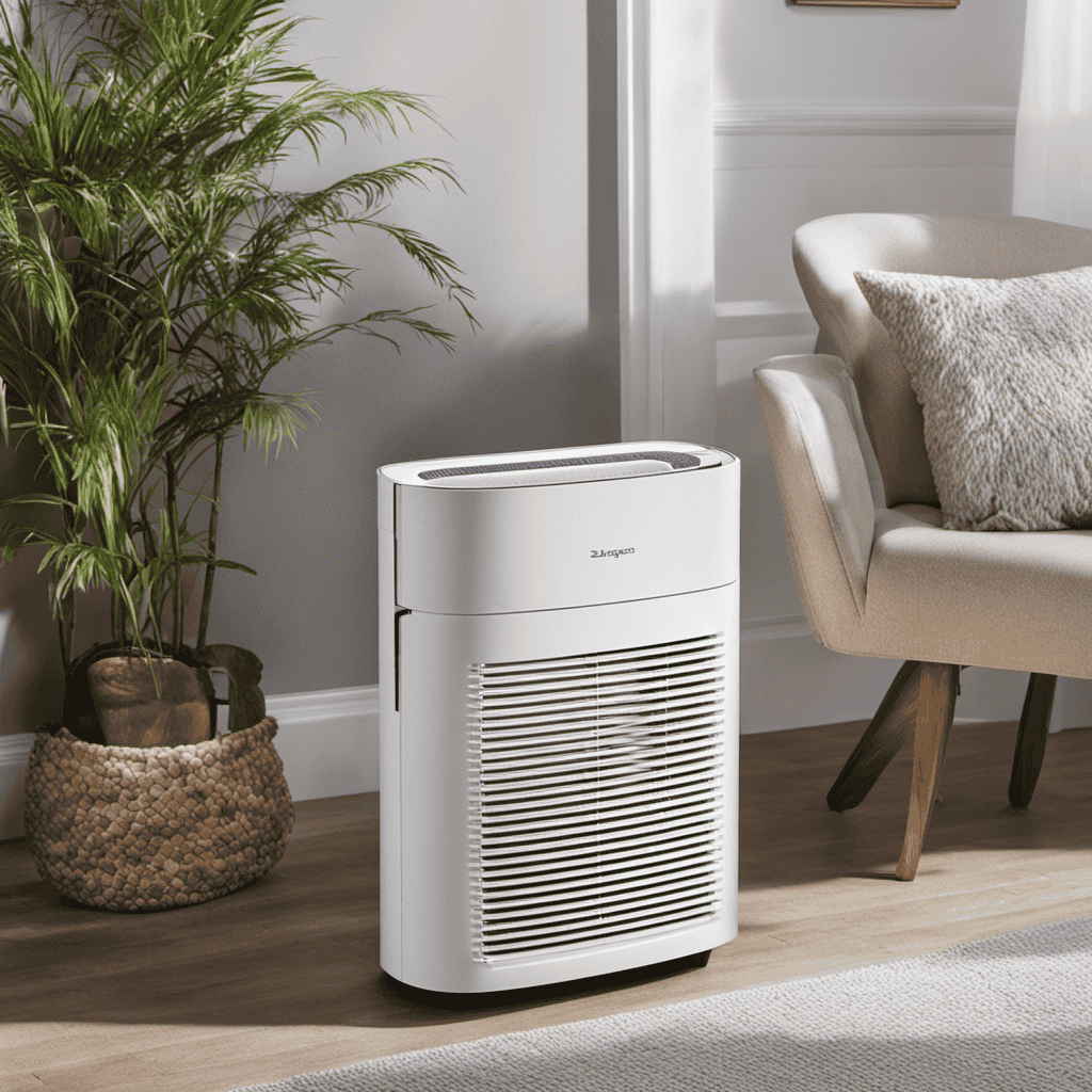 An image of a clean, white air purifier with a transparent panel on the front, revealing a dirty air filter inside