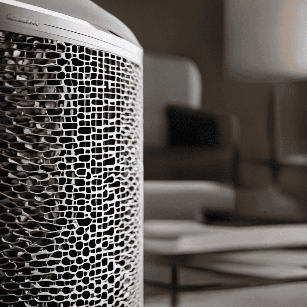 An image showing a close-up of an air purifier with a partially covered HEPA filter, capturing the accumulation of dust particles and pollutants, indicating the need for timely replacement