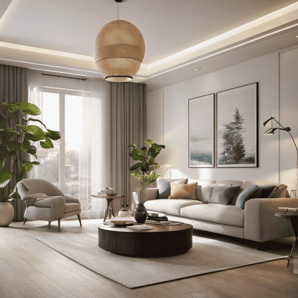 A visually striking image of a serene living room, drenched in soft natural light, where an air purifier subtly blends into the decor