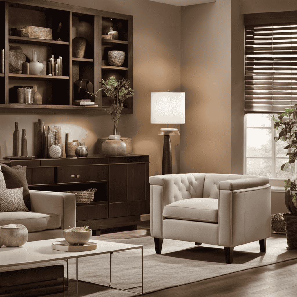 An image that showcases the serene ambiance of a living room with a Holmes Air Purifier in operation