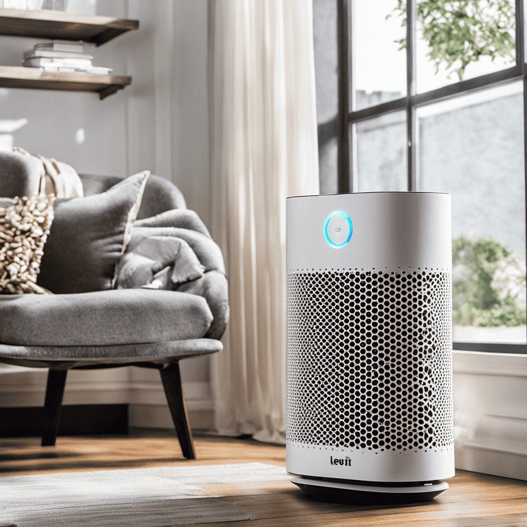 An image showcasing the Levoit Lv Pur131 Air Purifier with True HEPA Filter in action, capturing its sleek design, advanced filtration system, and the purified air circulating effortlessly in a peaceful living room setting
