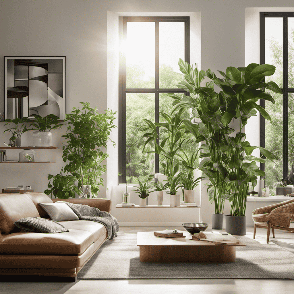 An image showcasing a spacious living room with an air purifier placed near a window, surrounded by green plants