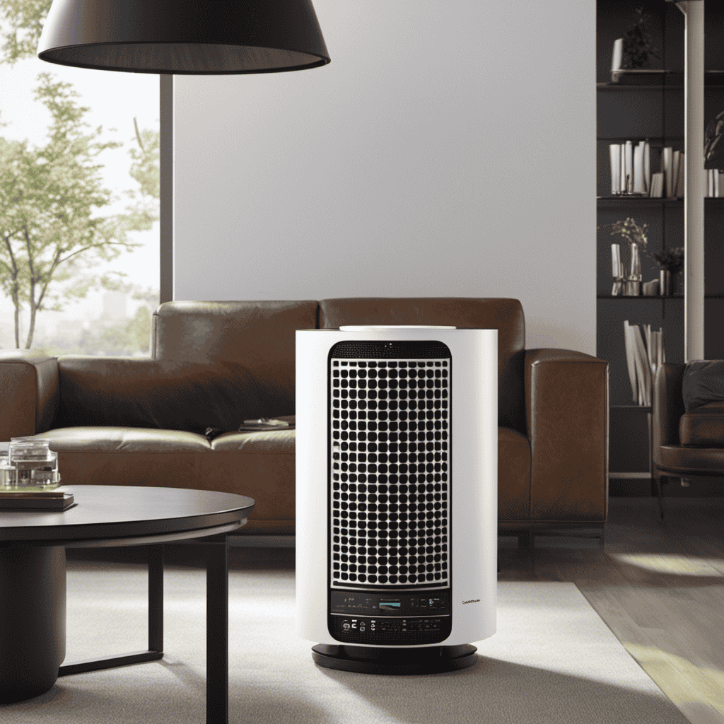 An image that showcases a sleek and modern air purifier, capturing the intricate process of air purification