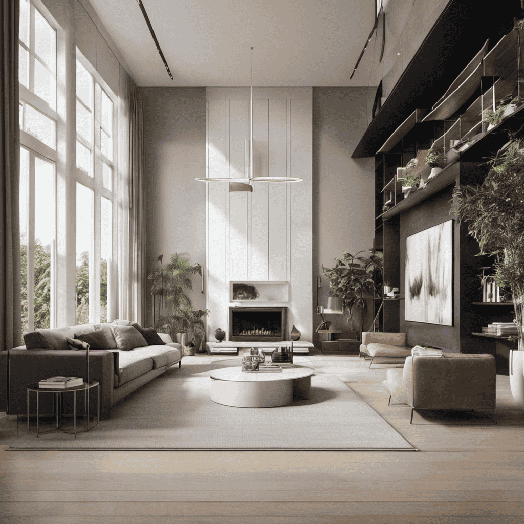An image of a spacious living room with towering cathedral ceilings, where an air purifier is strategically placed on a high shelf, effectively circulating clean air throughout the entire room