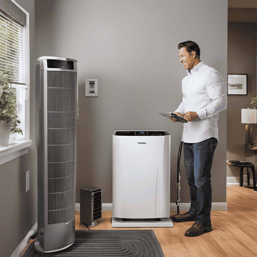 An image showcasing a professional HVAC technician effortlessly integrating an air purifier into a heating system