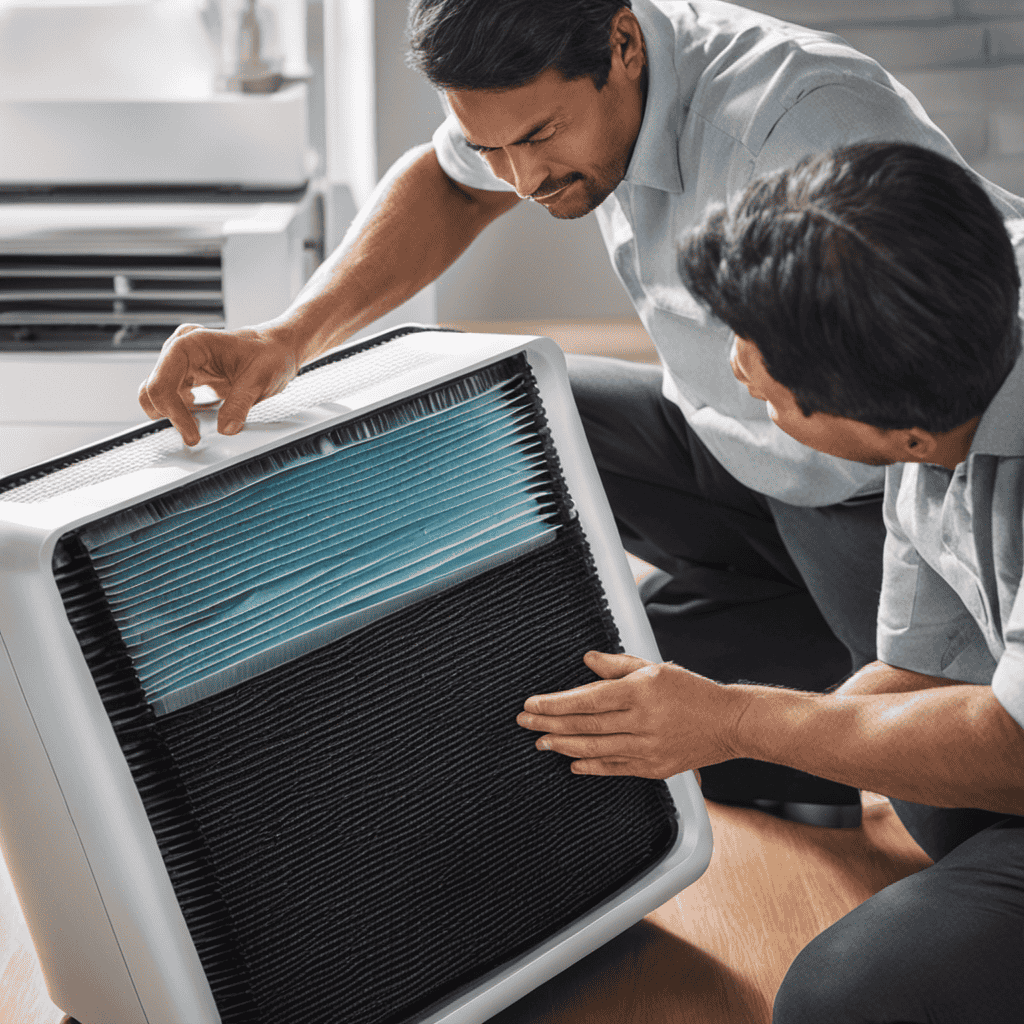 An image featuring a step-by-step visual guide on modifying an air purifier: hands replacing the existing filter with a HEPA filter, highlighting each intricate detail of the process