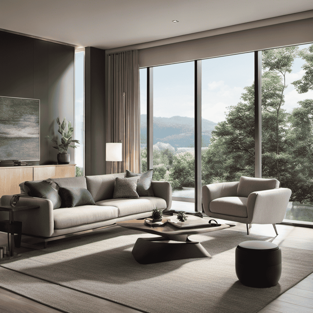 An image showcasing a spacious living room with an air purifier placed near a large window, allowing natural light to illuminate the room