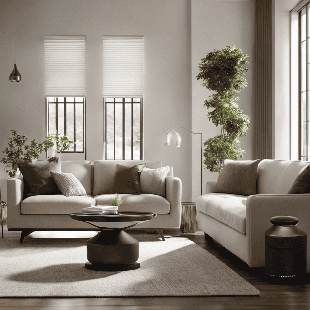 An image showcasing a cozy living room with a modern, sleek air purifier placed strategically near a sunlit window