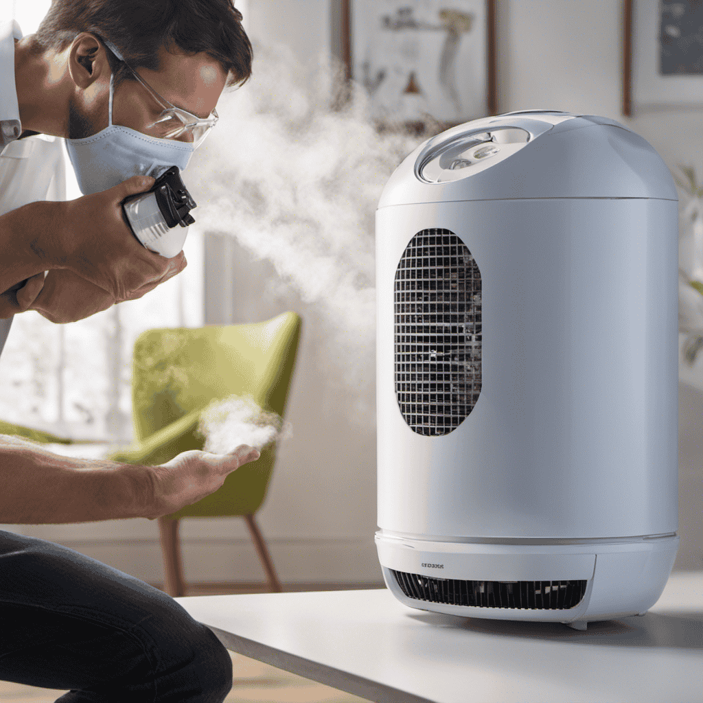 An image that showcases a close-up view of an air purifier, with a person wearing safety goggles and using a compressed air canister to blow out accumulated dust particles from the purifier's vents