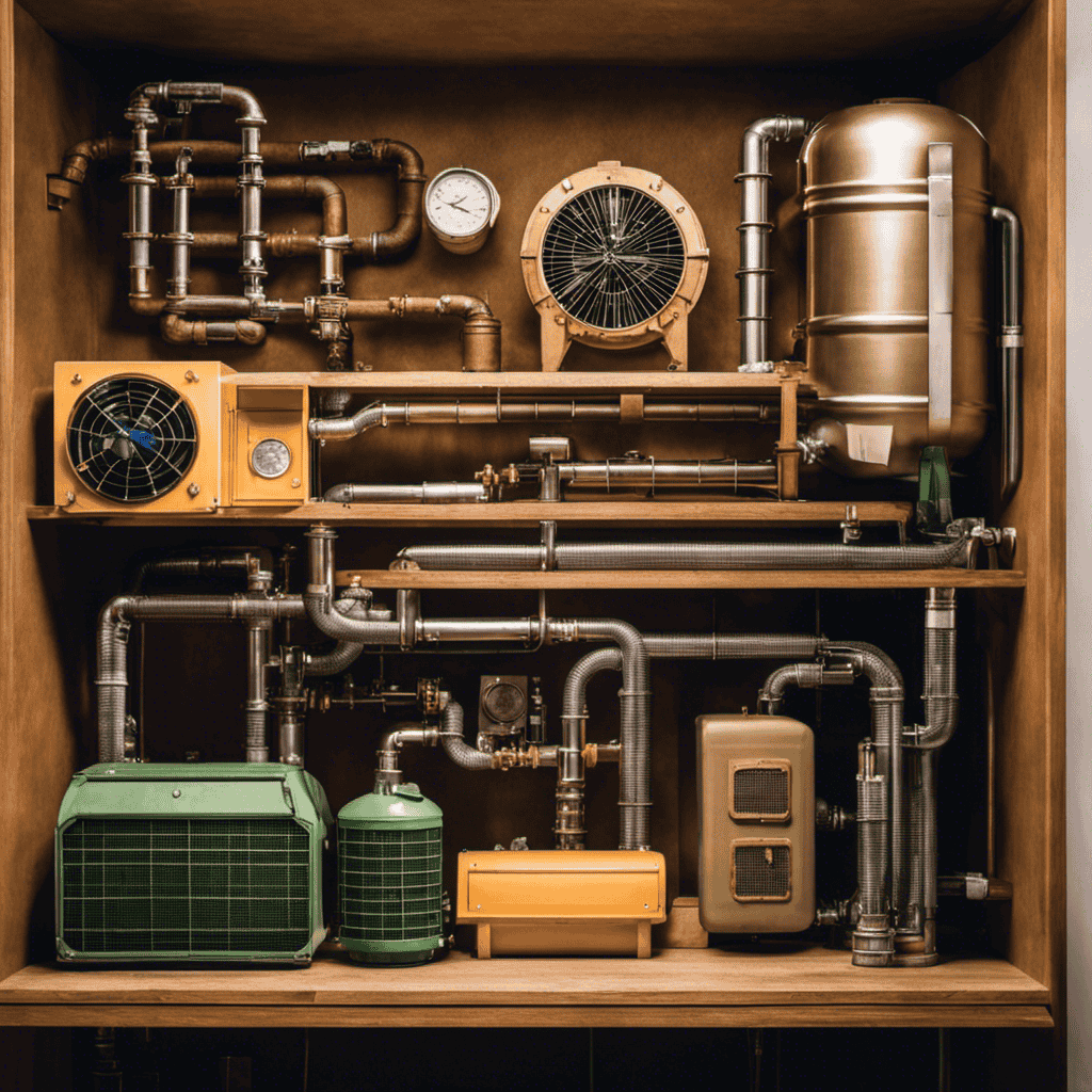 An image showcasing a DIY fallout shelter air purifier: An intricate system of interconnected pipes and filters, ingeniously built from everyday household items, purifying the air within a shelter with meticulous precision