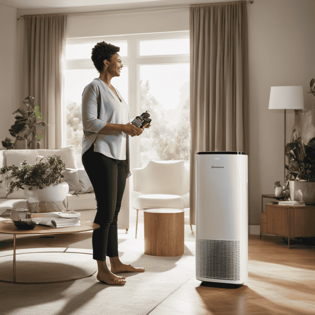 An image showcasing a person standing in a well-lit living room, surrounded by clean, fresh air