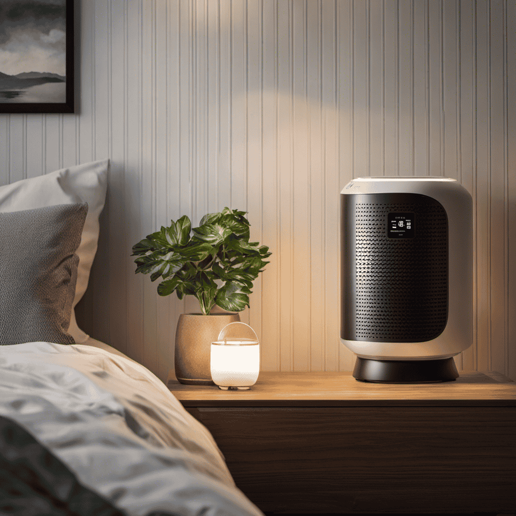 An image showing a serene bedroom with a Breathe Air Purifier placed on a nightstand near a window, gently filtering the air