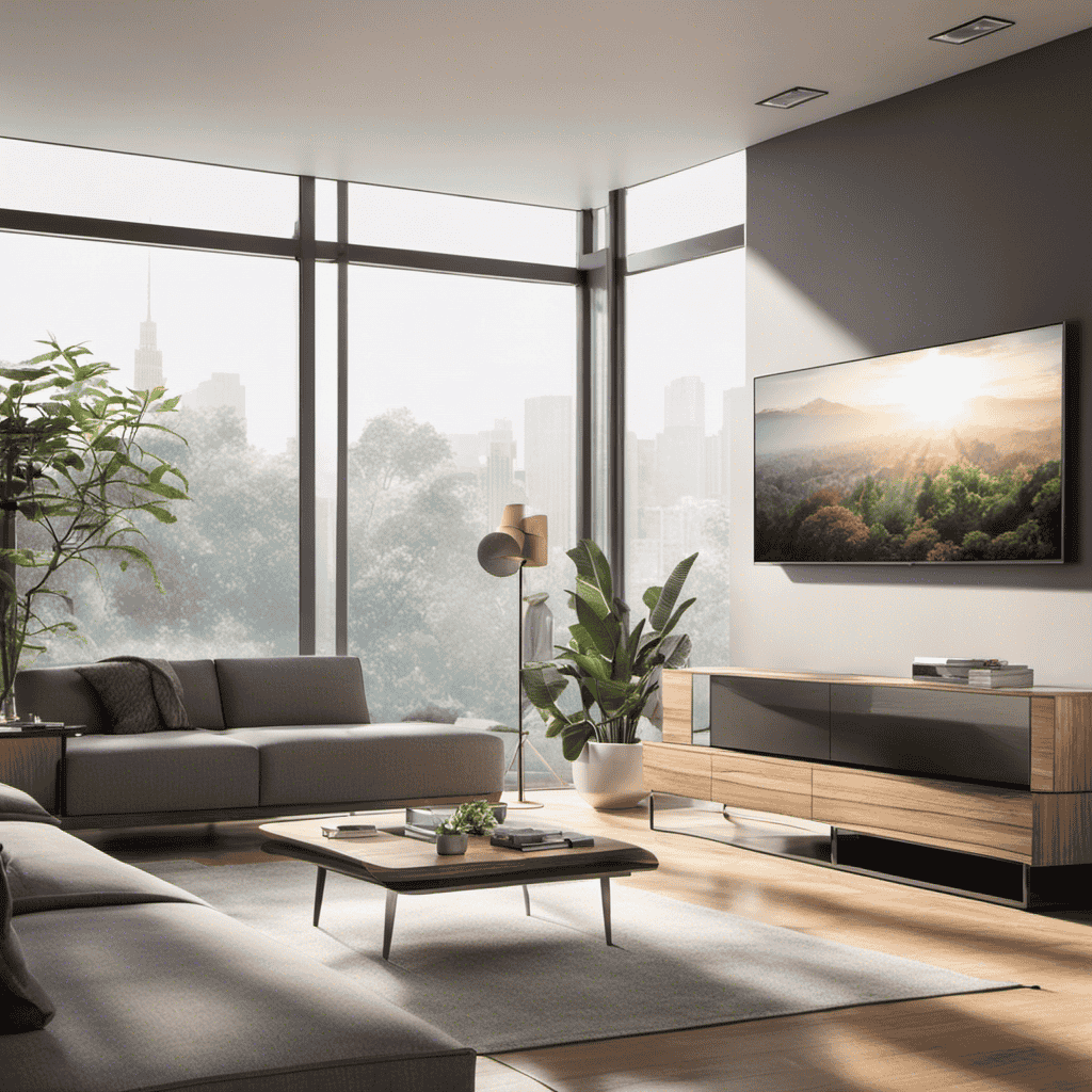 An image featuring a spacious living room with sunlight pouring in through large windows, showcasing a sleek and modern air purifier silently eliminating the surrounding air pollutants, providing a fresh and clean environment