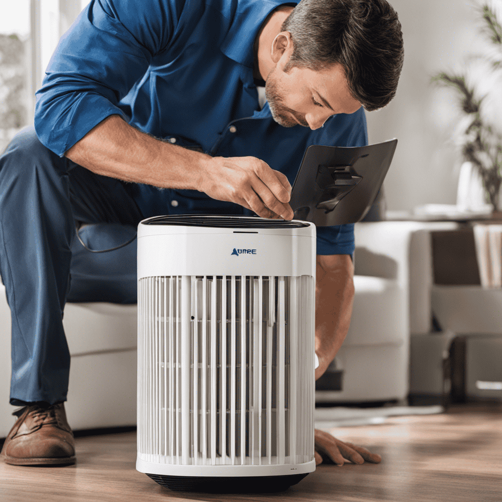 An image showcasing a step-by-step guide on changing an air purifier filter: hands unscrewing the device, removing the old filter, inserting a new one, and finally securing it back in place