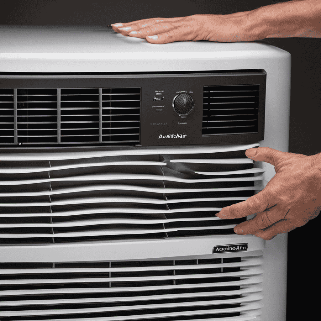An image that showcases a pair of hands effortlessly removing the front panel of an Austin Air Purifier, revealing the dusty and worn filter within