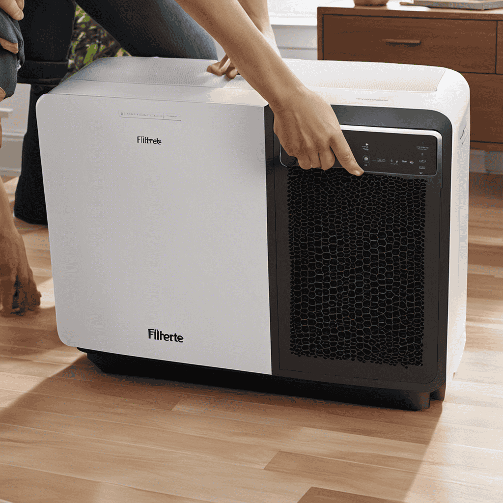 An image showing a person opening the Filtrete Air Purifier, removing the old filter, and inserting a fresh one