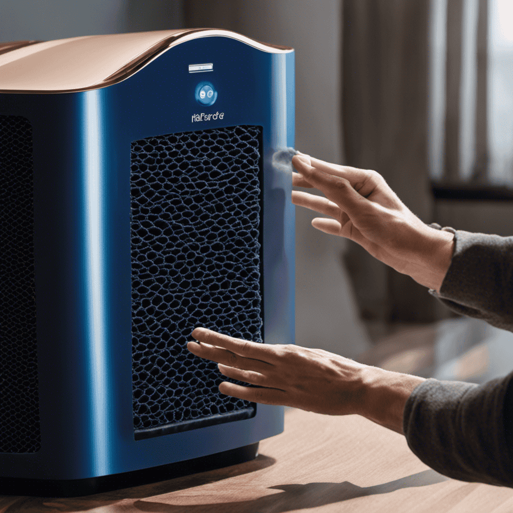 An image showcasing a pair of hands in the foreground, gently removing the old filter from a Blue Air Purifier