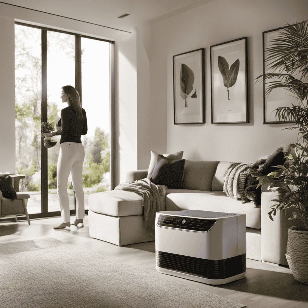 An image showing a person standing in a well-lit room, holding a Friedrich air purifier
