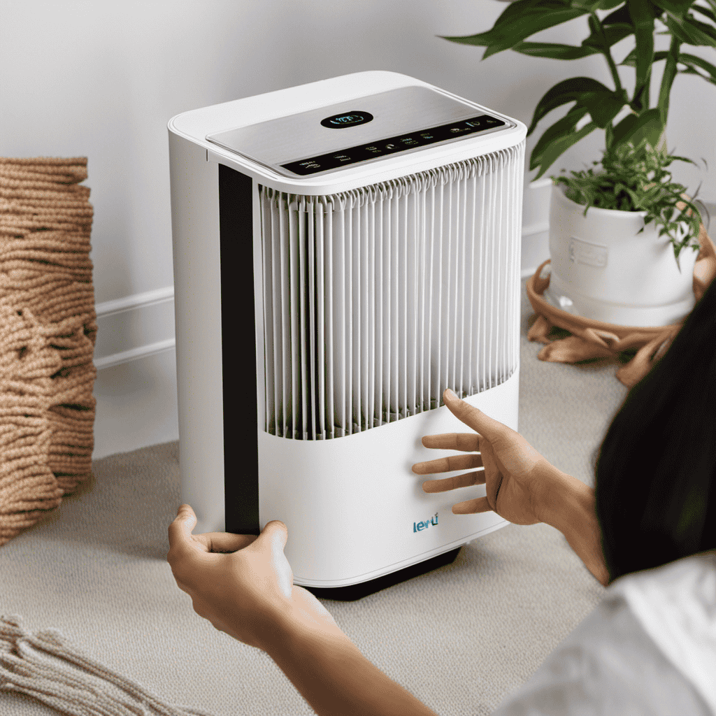 An image showcasing a person holding a Levoit Air Purifier filter, meticulously removing the old one and replacing it with a fresh filter