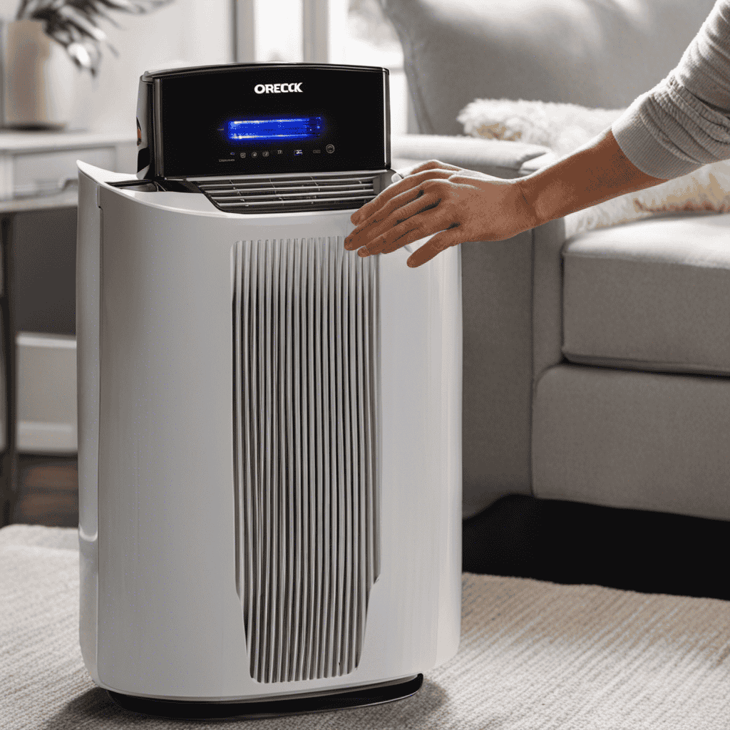 An image focusing on a person's hands gracefully removing the front cover of an Oreck air purifier
