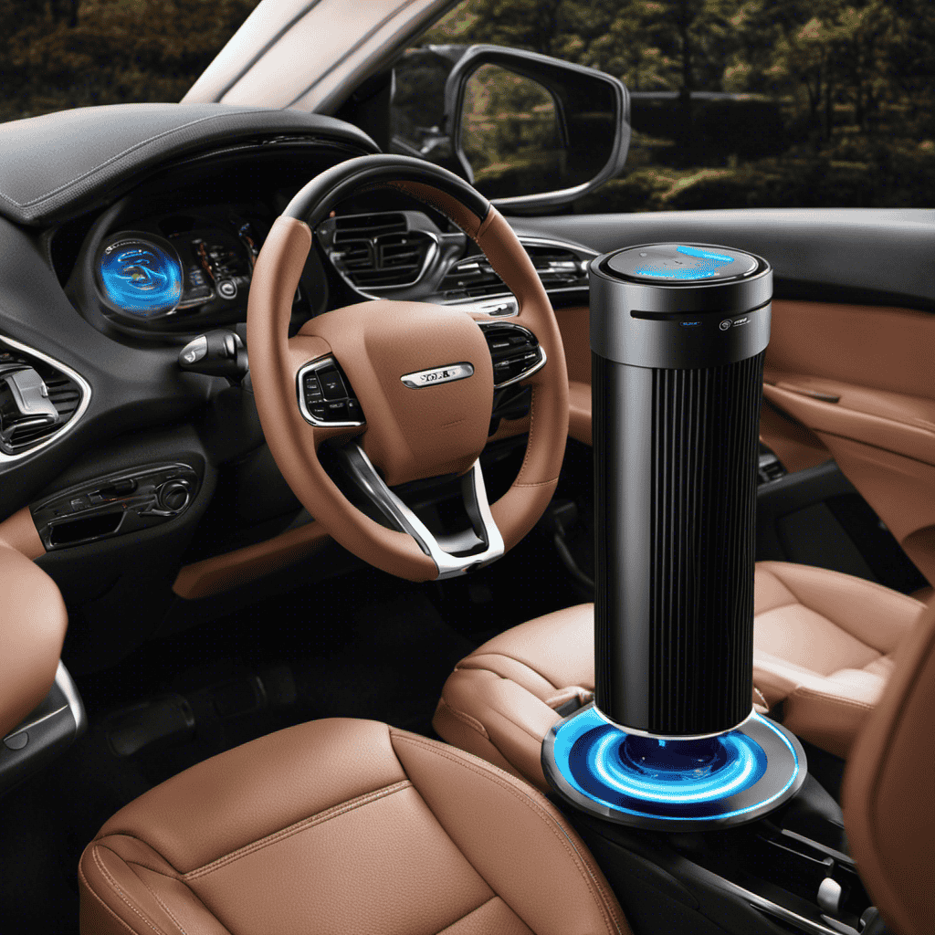 An image showcasing a person effortlessly charging the Airfresh S10d Portable Air Purifier in a car, illustrating the step-by-step process with clear visuals of the charger, device, and power source