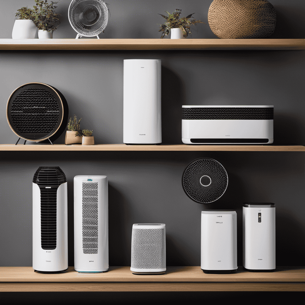 An image showcasing a diverse range of air purifiers lined up on a shelf