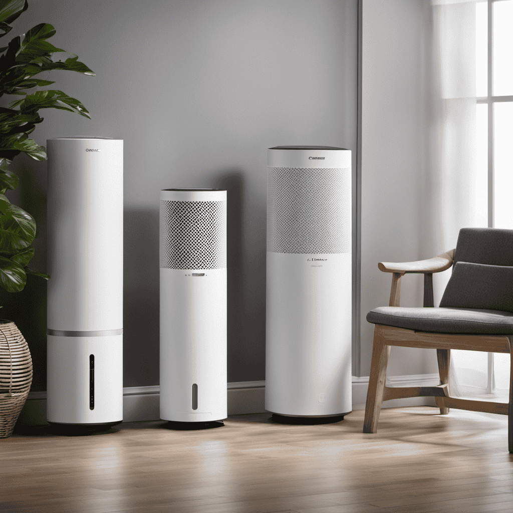 An image showcasing a diverse range of air purifiers, each with unique features and sizes, surrounded by a serene environment filled with clean, purified air
