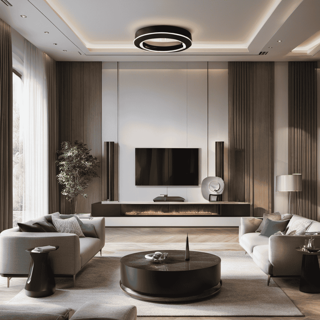 An image depicting a spacious living room with an air purifier placed in the center