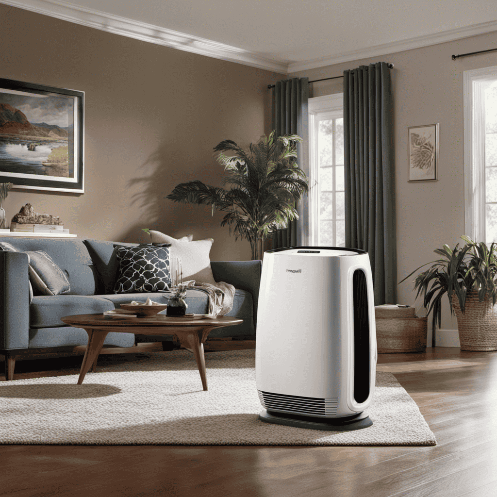 An image showcasing a pristine Honeywell 50250-S True HEPA Air Purifier, gleaming under soft lighting, surrounded by a spotless living room