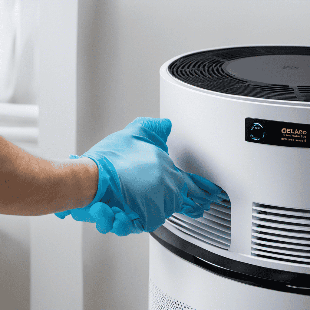 An image showcasing a pair of gloved hands carefully disassembling a Blue Air Purifier