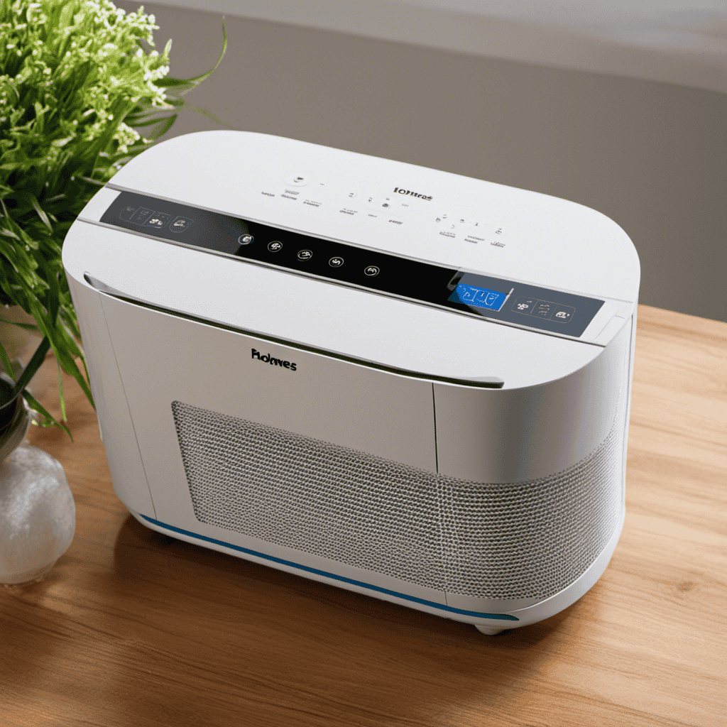 An image showcasing step-by-step instructions on cleaning a Holmes Desktop Air Purifier: 1) Unplug the device; 2) Remove and wash the pre-filter; 3) Vacuum or wipe the HEPA filter; 4) Clean the outer housing with a damp cloth; 5) Reassemble and enjoy fresh air