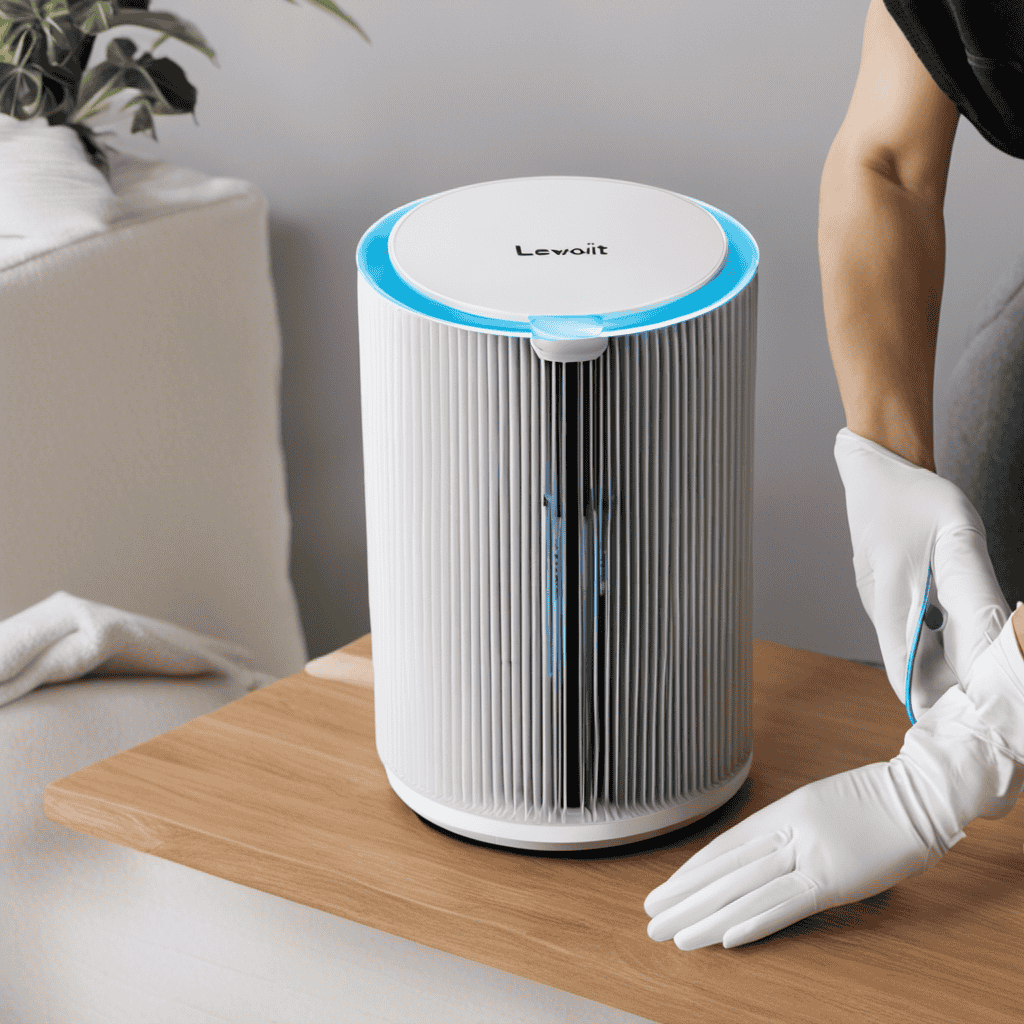 An image showcasing a pair of gloved hands carefully disassembling a Levoit Air Purifier, wiping each component with a soft cloth, and using a brush to remove dust particles, capturing the step-by-step process of cleaning