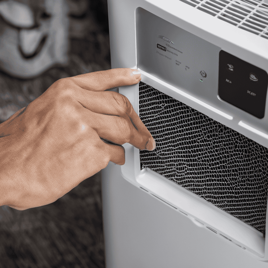 An image showcasing a pair of hands delicately removing a dirty air filter from an air purifier