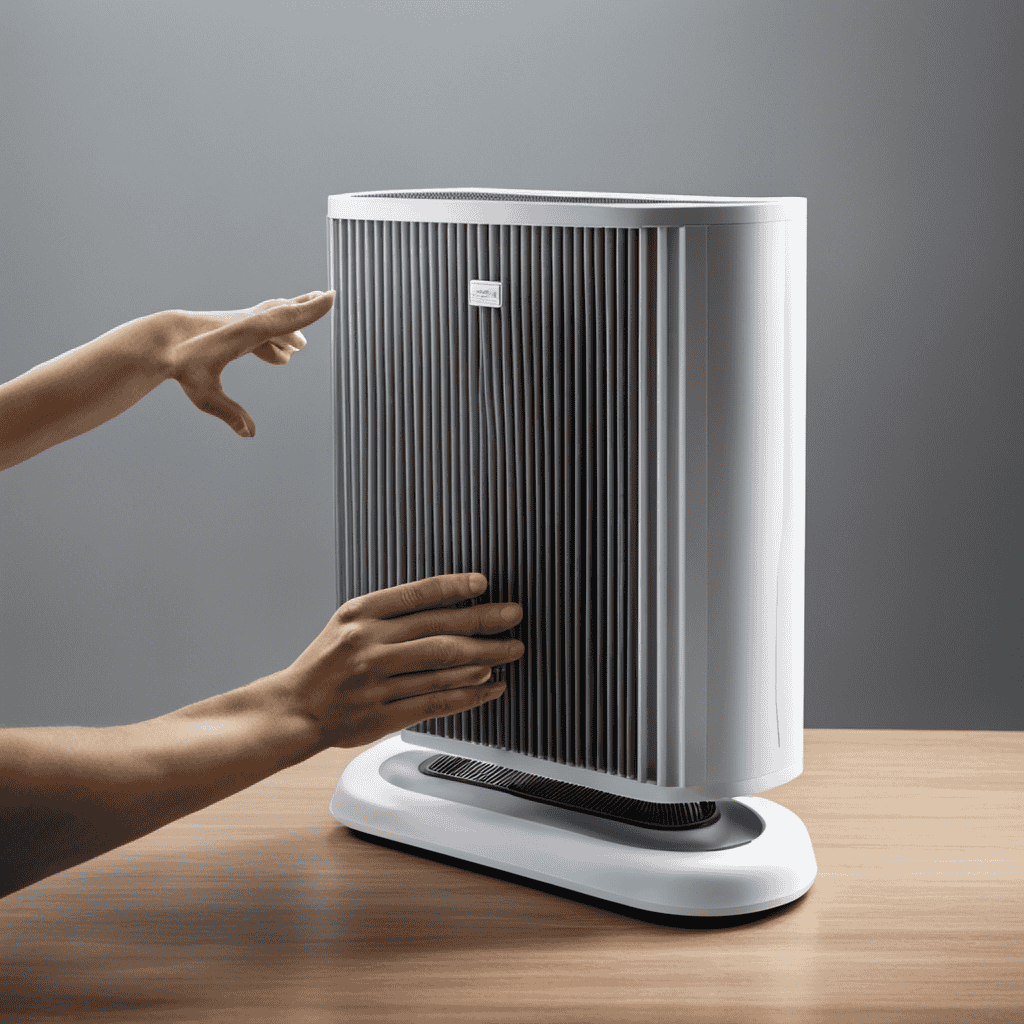 An image that showcases a pair of hands delicately removing a dusty air filter from an air purifier