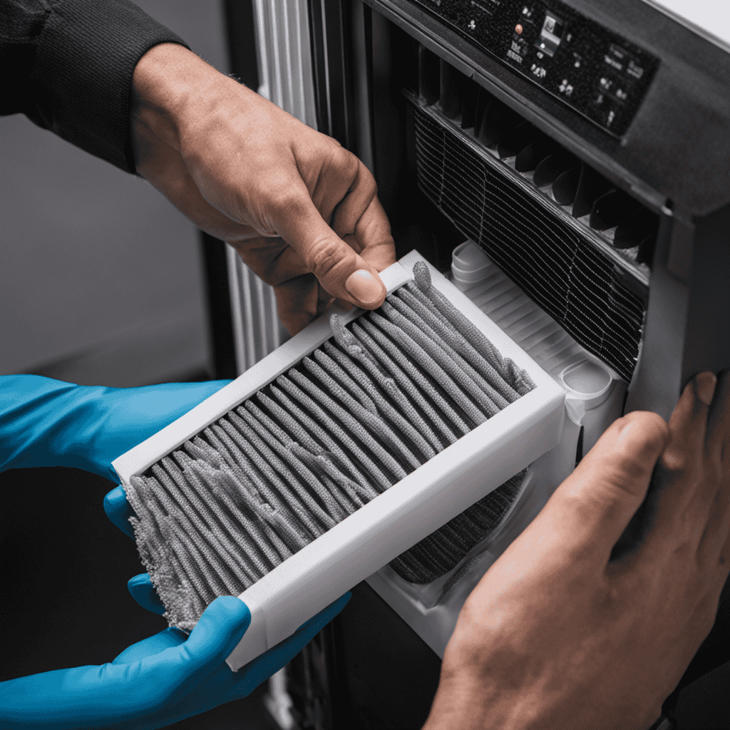 An image showcasing a pair of gloved hands gently removing a dirty air filter from a smoke air purifier