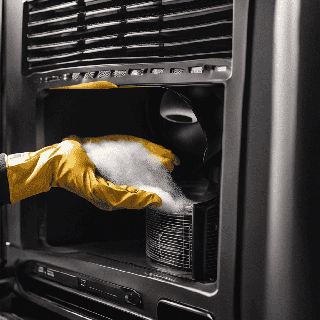 An image that showcases a person wearing gloves, carefully removing the air filter from an air purifier