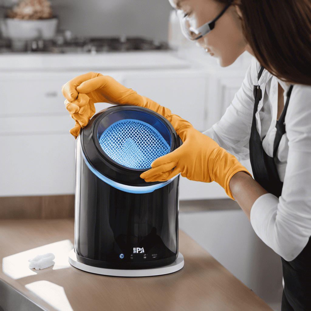 An image showcasing a person wearing gloves and holding a dirty 3-in-1 HEPA filter from an air purifier