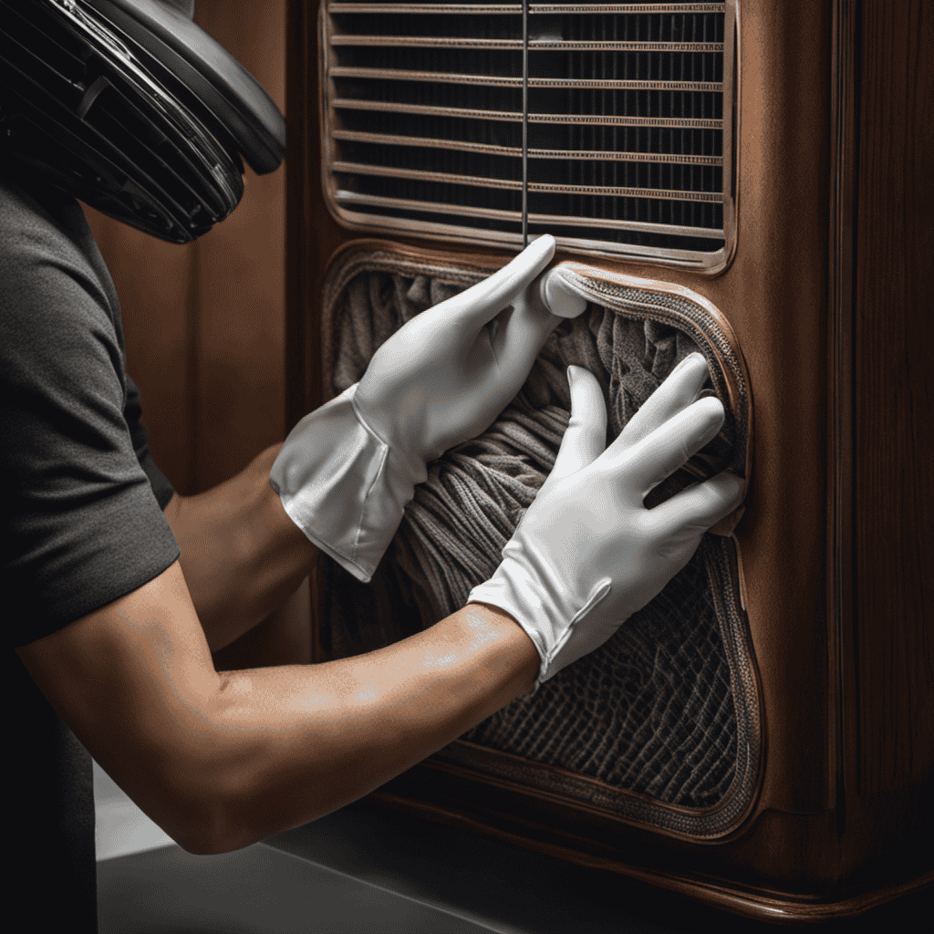 An image depicting a hand wearing gloves, holding a damp cloth and delicately wiping away layers of thick dust from the vents of an air purifier