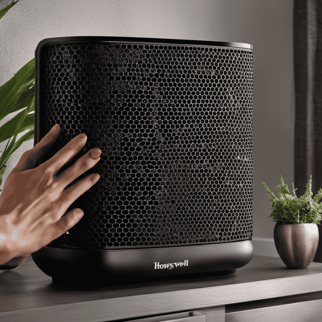 An image showcasing a close-up of hands gently removing the Honeywell Enviracaire air purifier filter