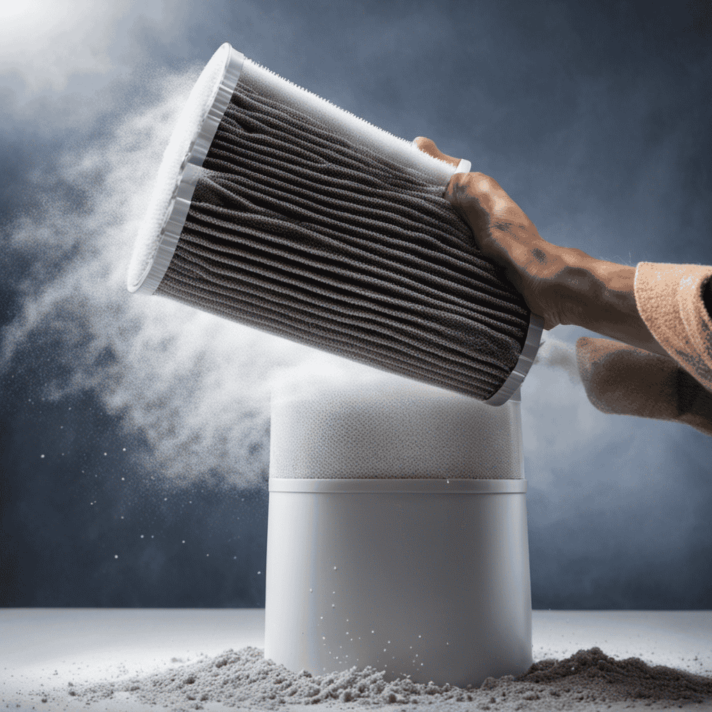 An image showcasing a pair of gloved hands removing a clogged air purifier filter, surrounded by a cloud of dust particles