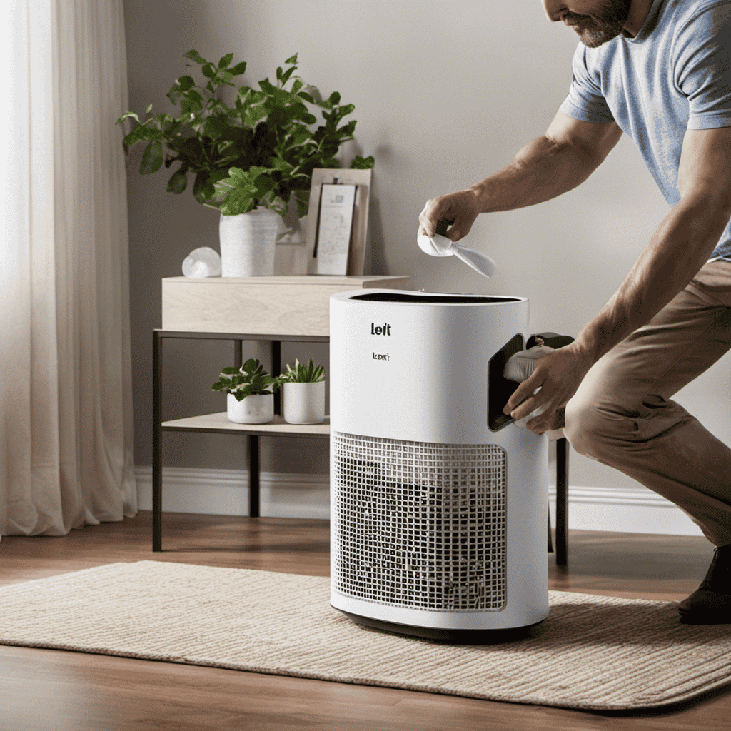 An image showcasing a pair of hands delicately removing the HEPA filter from a Levoit air purifier