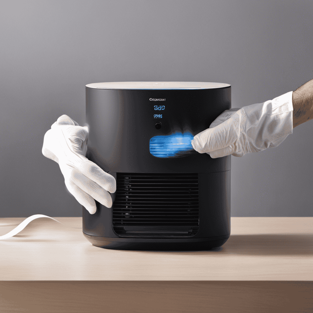 An image: A pair of gloved hands gently disassembling an air purifier humidifier